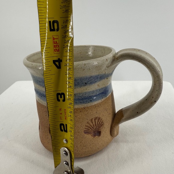Handmade Ceramic Pottery Mugs Set of 2 Blue Stripe Sea Shell Beach Coastal - Picture 8 of 12